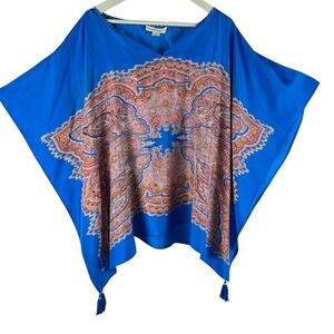 Marrakech Silk Poncho Top Blue Paisley Medallion Tassel V-Neck Blouse Large L